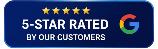 Blue rounded badge reading '5-STAR RATED BY OUR CUSTOMERS' with five gold stars above and a Google G logo on the right.