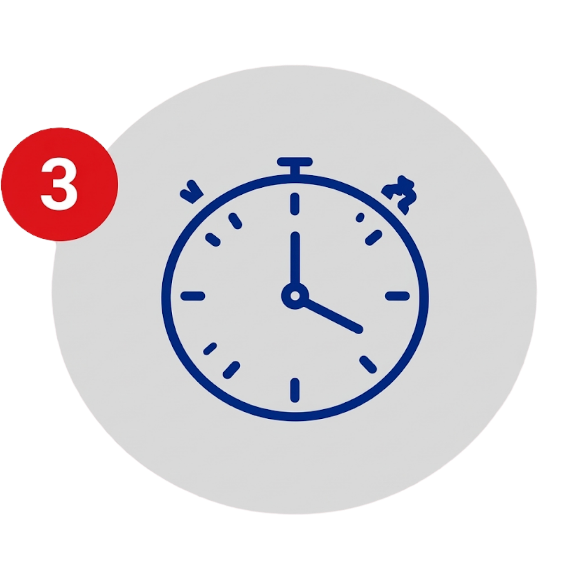 Partial clock face with blue outline and hands; a red circular badge labeled '3' overlaps the left edge.