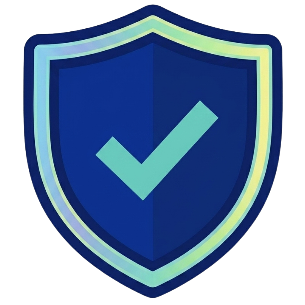 Blue shield badge with a teal checkmark indicating verified security