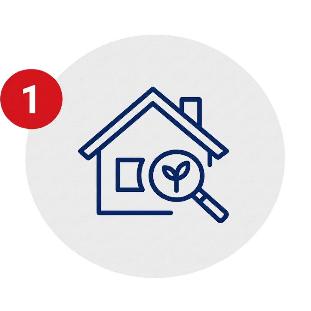 White circular badge featuring a blue outline of a house with a magnifying glass inside, and a red notification dot marked '1' overlapping the left edge