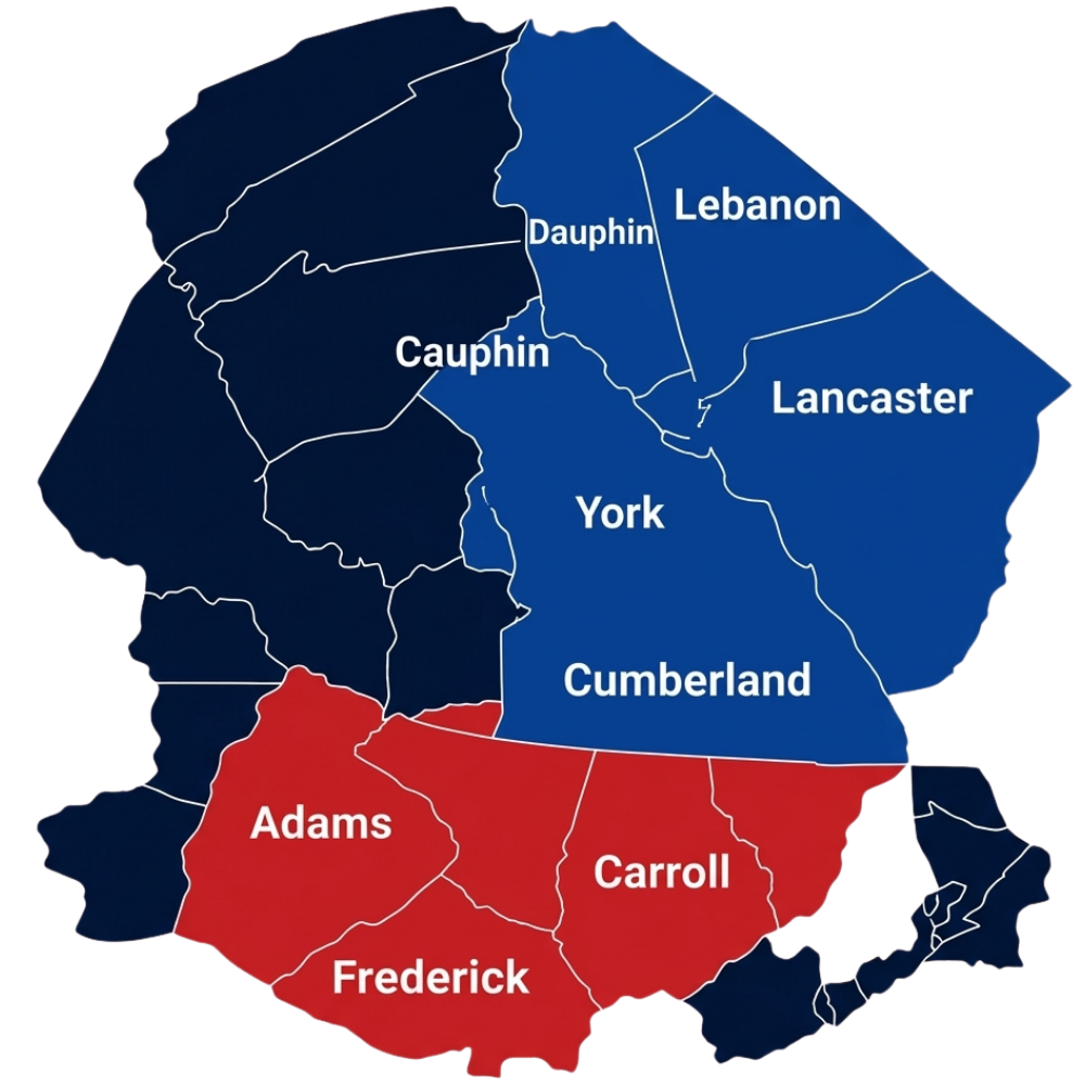 Color-coded county map showing blue PA counties (Dauphin, Lebanon, Lancaster, York, Cumberland) and red counties (Adams, Carroll, Frederick).