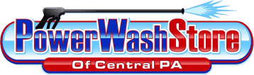 PowerWashStore of Central PA logo featuring a pressure washer nozzle spraying water over blue and red lettering.
