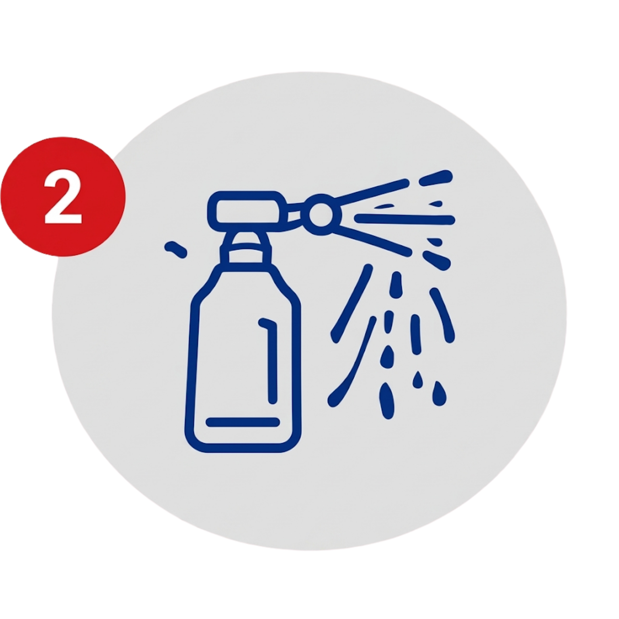 Step 2 indicator with a blue line drawing of a spray bottle releasing droplets, on a white circular background.