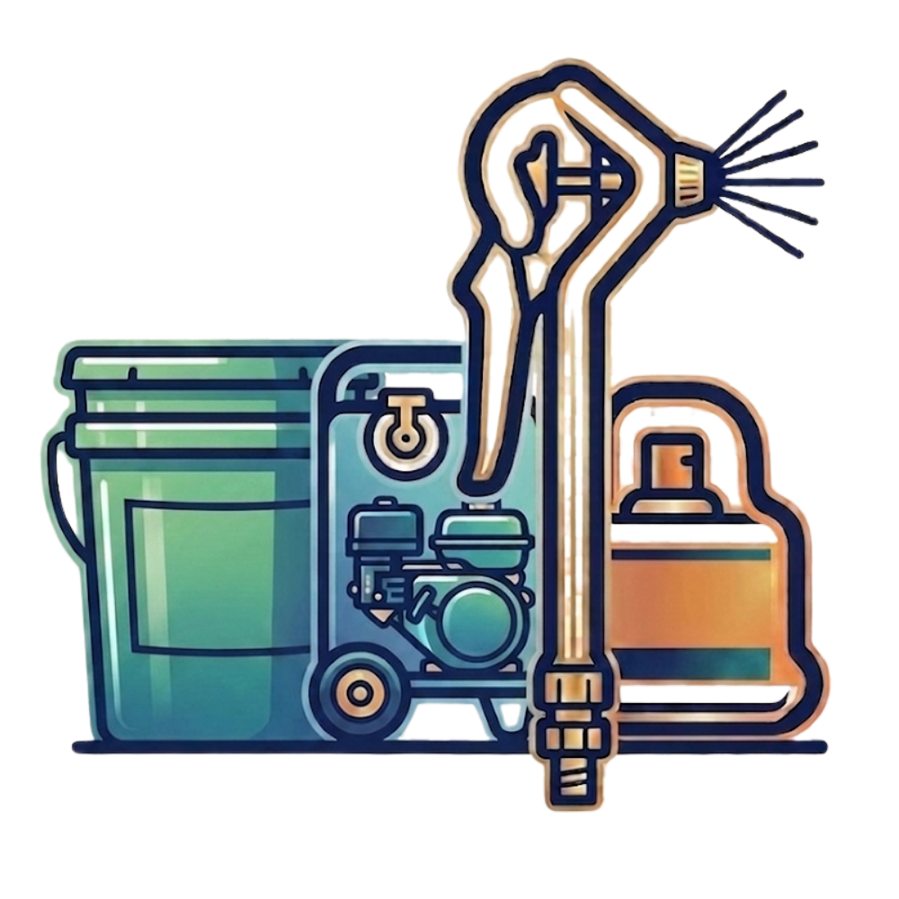Industrial cleaning setup with a wheeled pressure washer, spray nozzle, and large blue-green waste bin