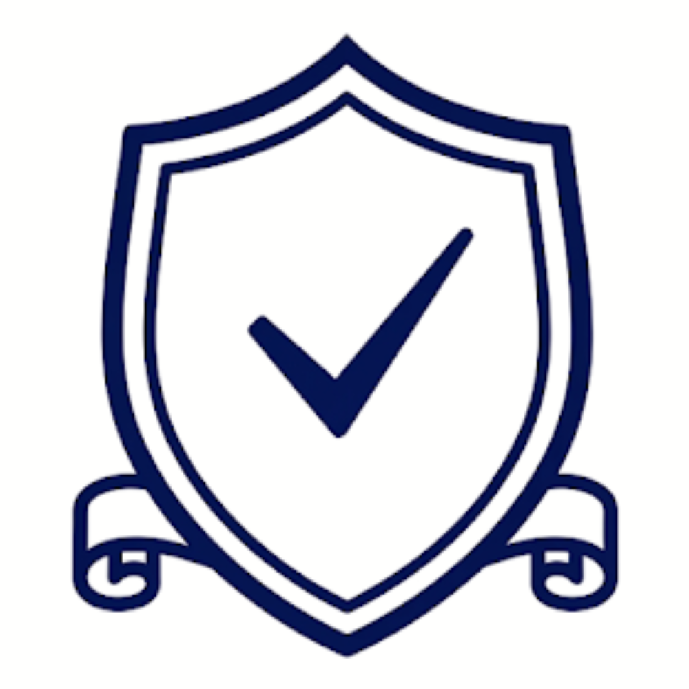 Blue shield emblem with a checkmark and decorative ribbons, symbolizing security or certification for verified protection.