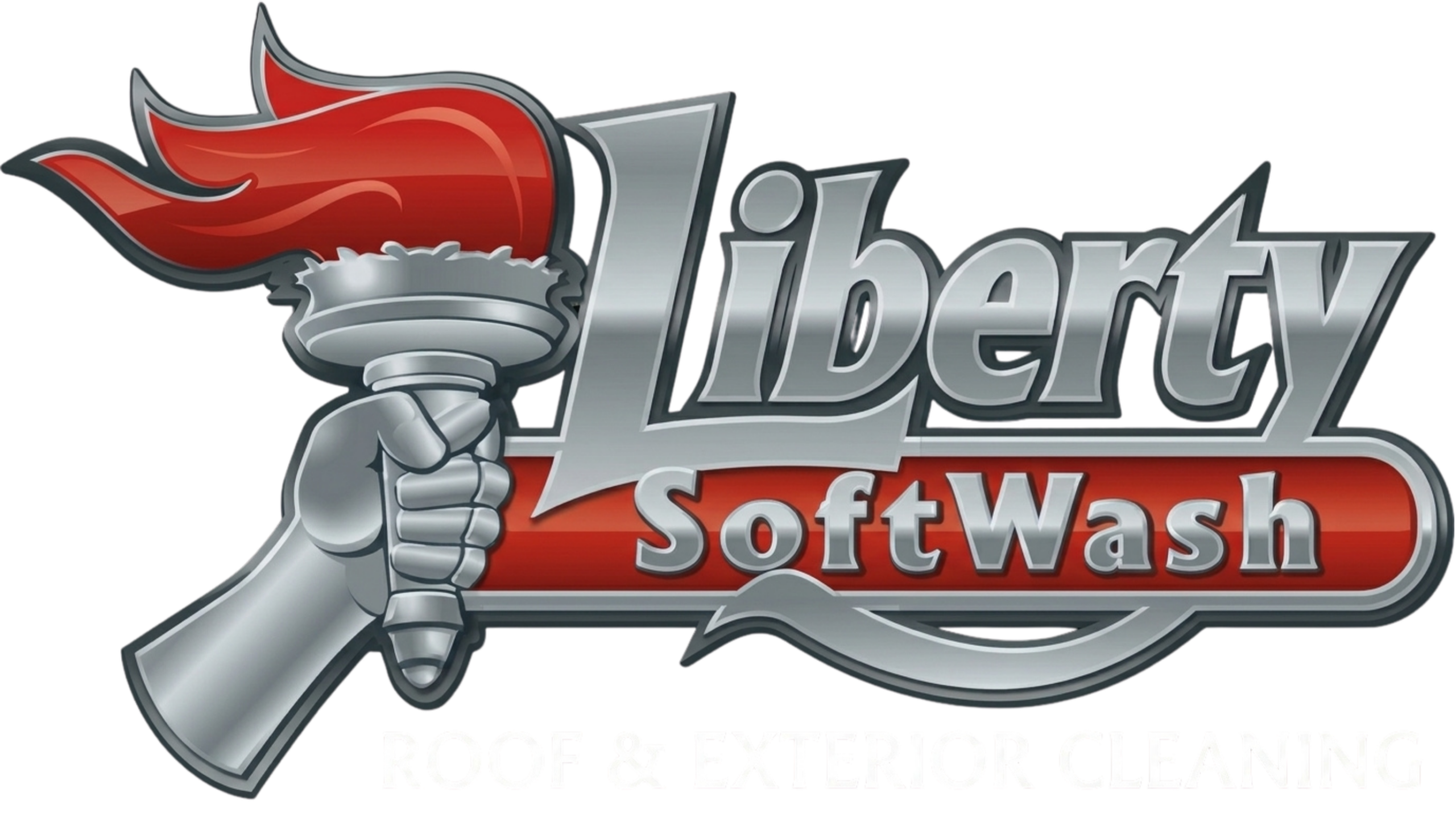 Liberty Softwash logo with a silver pressure-washer gun, red flame accents, and bold metallic text reading 'Liberty Softwash' with 'Roof & Exterior Cleaning' beneath.