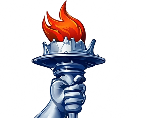 Stylized blue hand holding a torch with an orange flame, symbol of liberty and enlightenment.