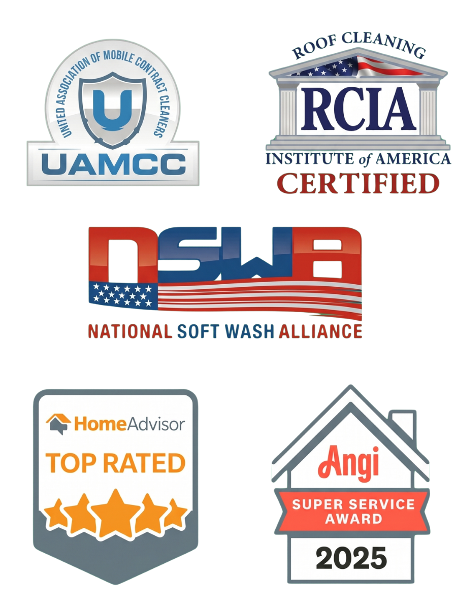 Collection of service accreditation logos: UAMCC, RCIA Certified, NSWA, HomeAdvisor Top Rated, Angi Super Service Award 2025.
