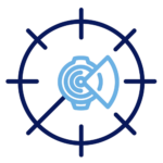 Gas mask icon inside a circular target/reticle, suggesting protection or hazard awareness