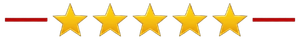 Five gold stars in a row with red decorative lines, representing a five-star rating.