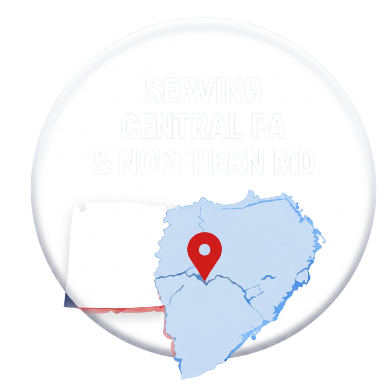 Circular badge with a map of Pennsylvania and a red location pin, plus the text 'Serving Central PA & Northern MD'.