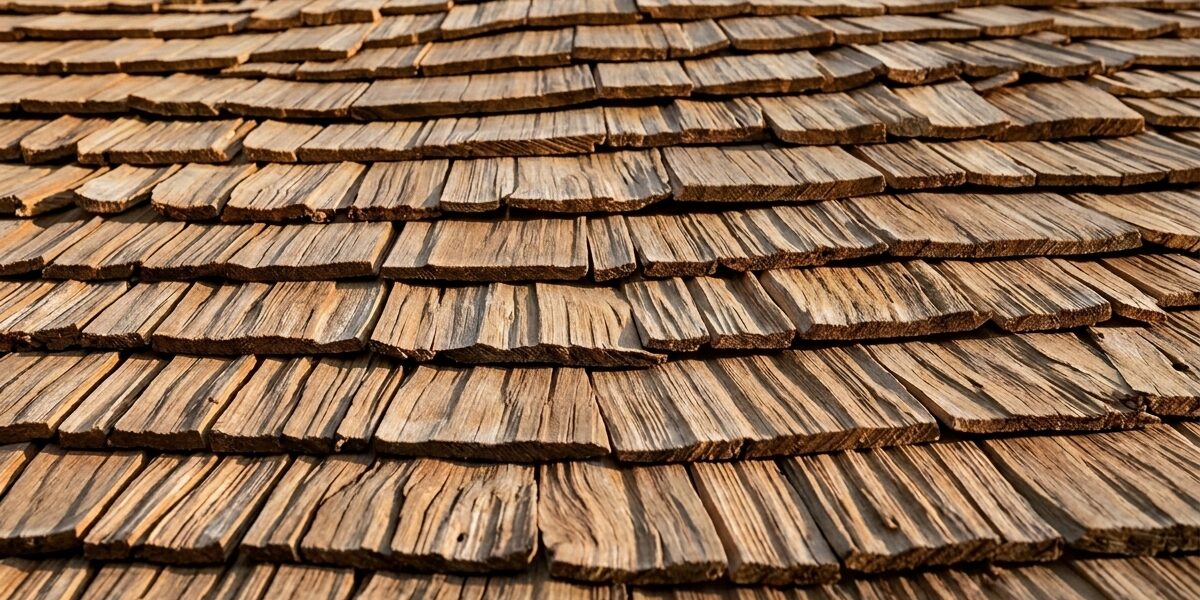 Close-up of weathered wooden roof shingles arranged in overlapping rows on a sloped roof.
