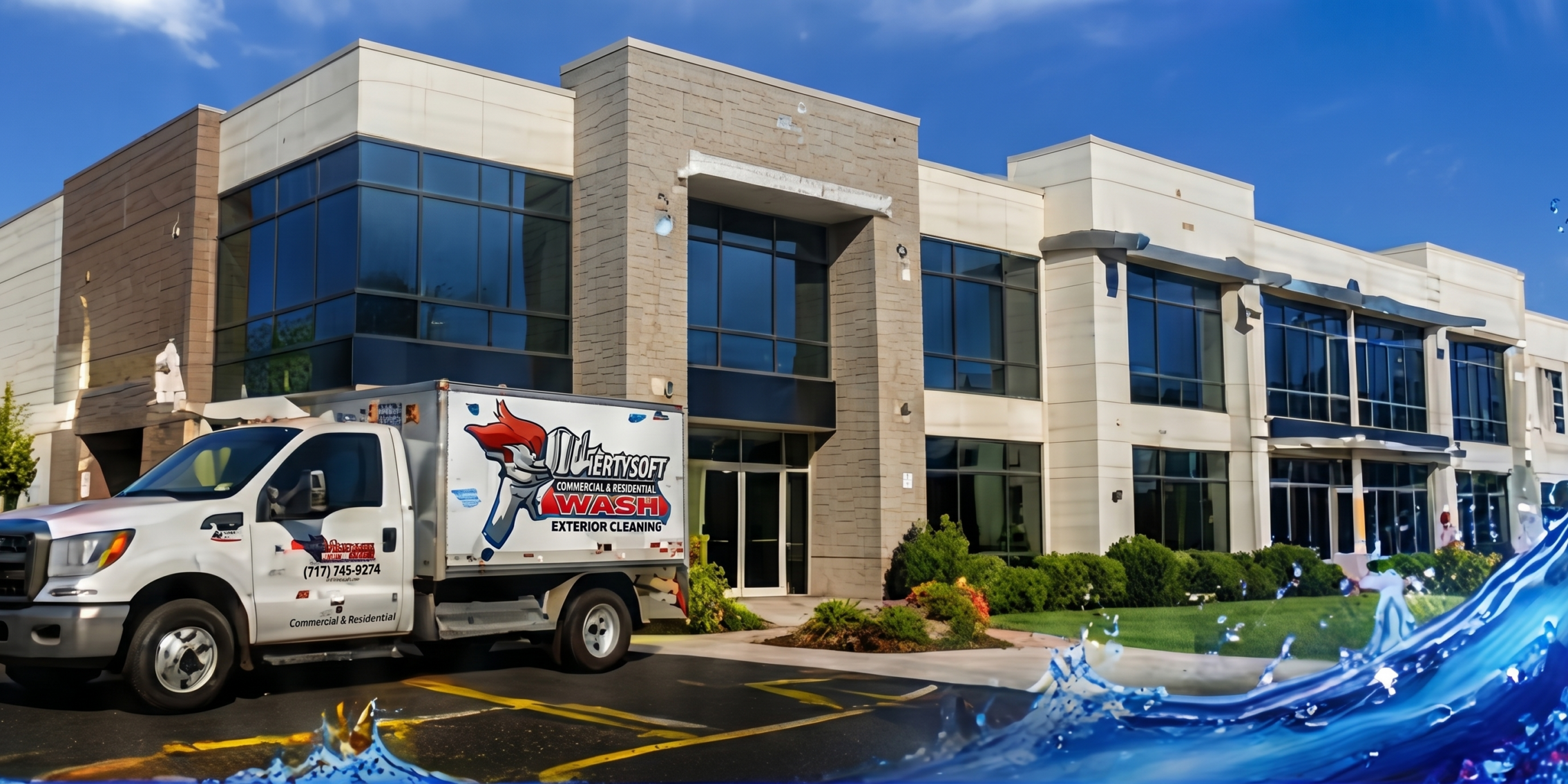 White LibertySoft Wash exterior cleaning truck parked in front of a modern glass-front office building, with water splash artwork in the foreground.