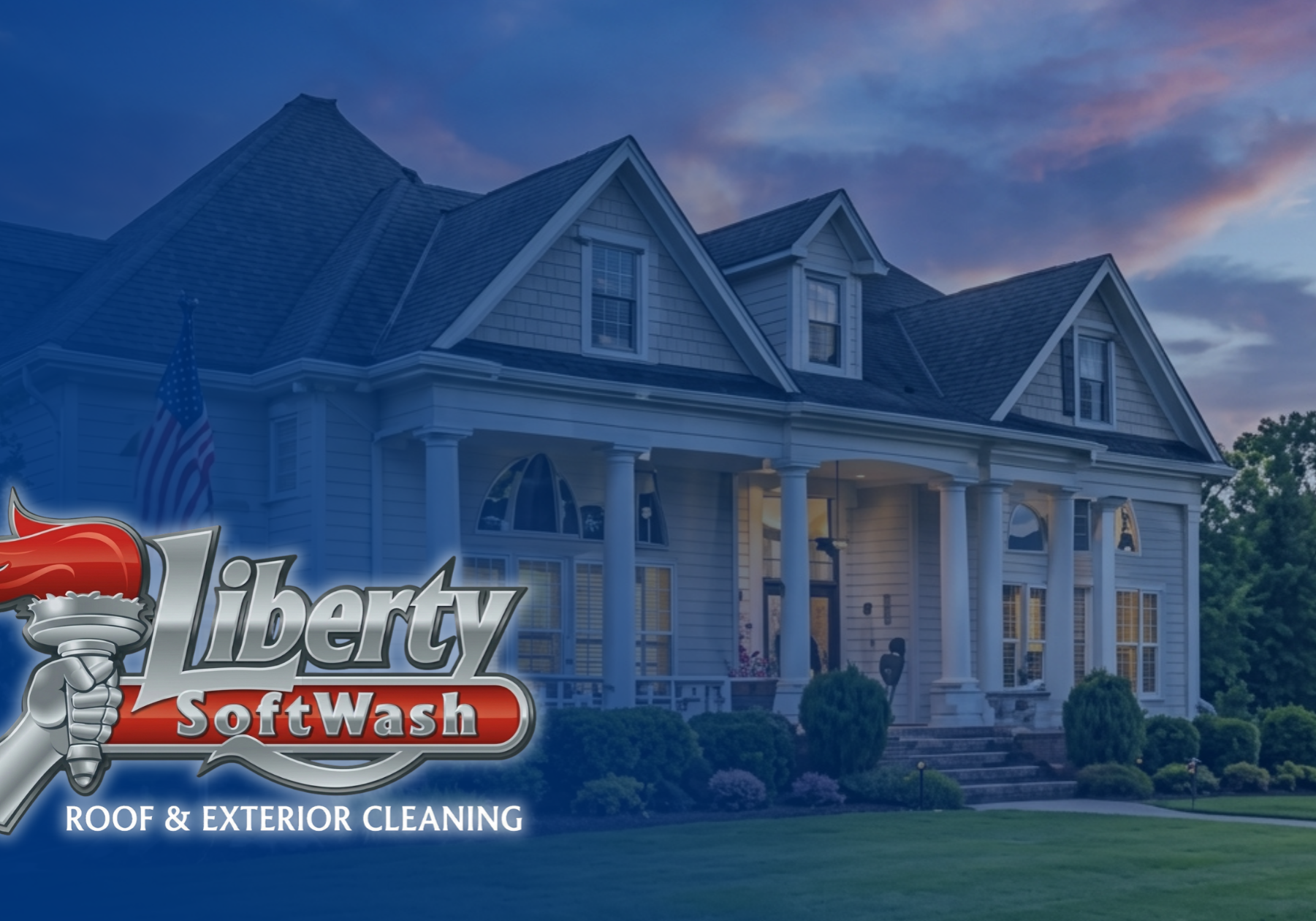 Two-story suburban house with a front porch, blue overlay, and the Liberty SoftWash logo showing 'Roof & Exterior Cleaning'.
