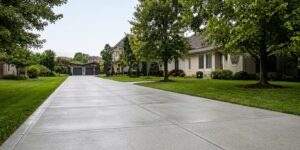 Suburban residential street with single-family homes, green lawns, and mature trees lining the sidewalks.