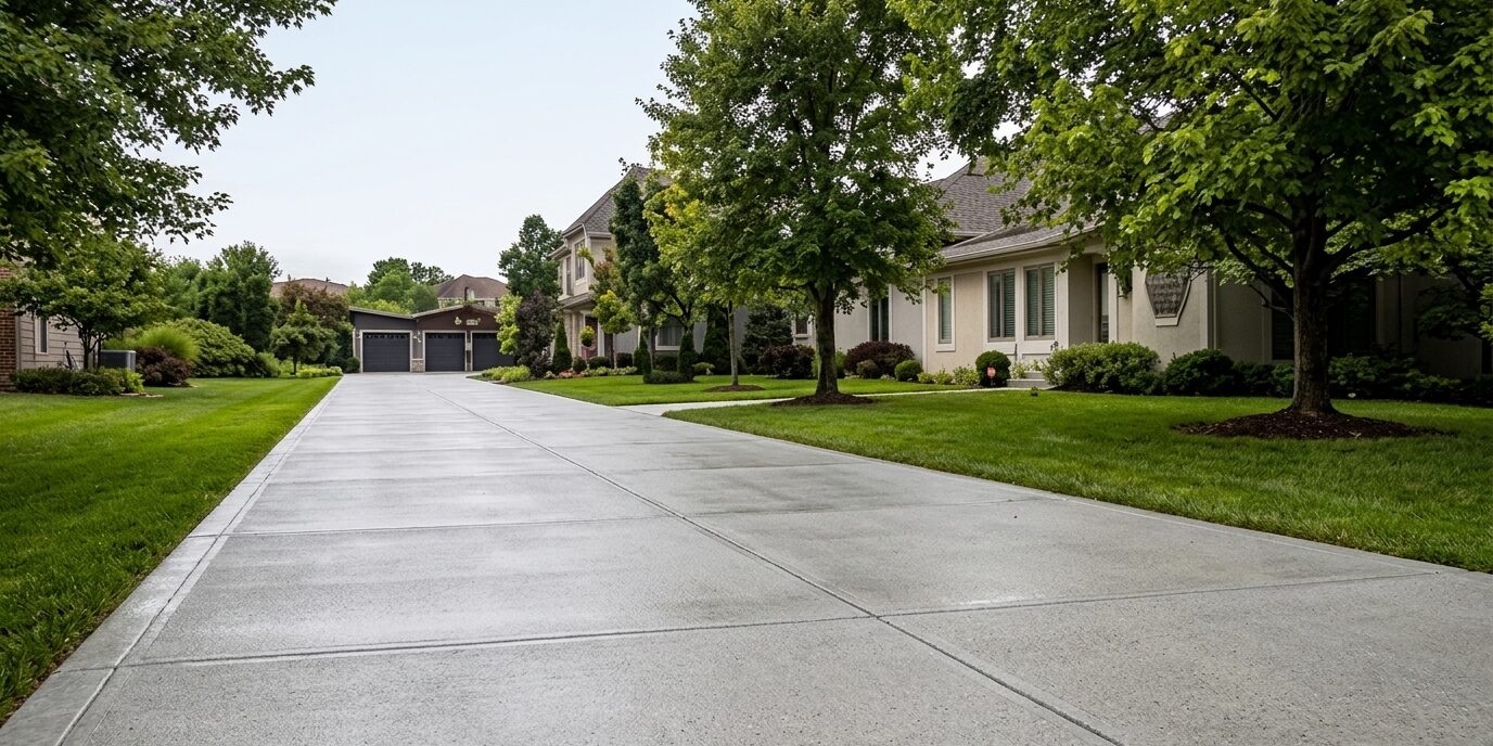 Suburban residential street with single-family homes, green lawns, and mature trees lining the sidewalks.