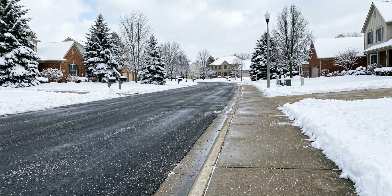 A pristine and safe HOA community street and sidewalk after complete winter snow plowing services by Liberty SoftWash.