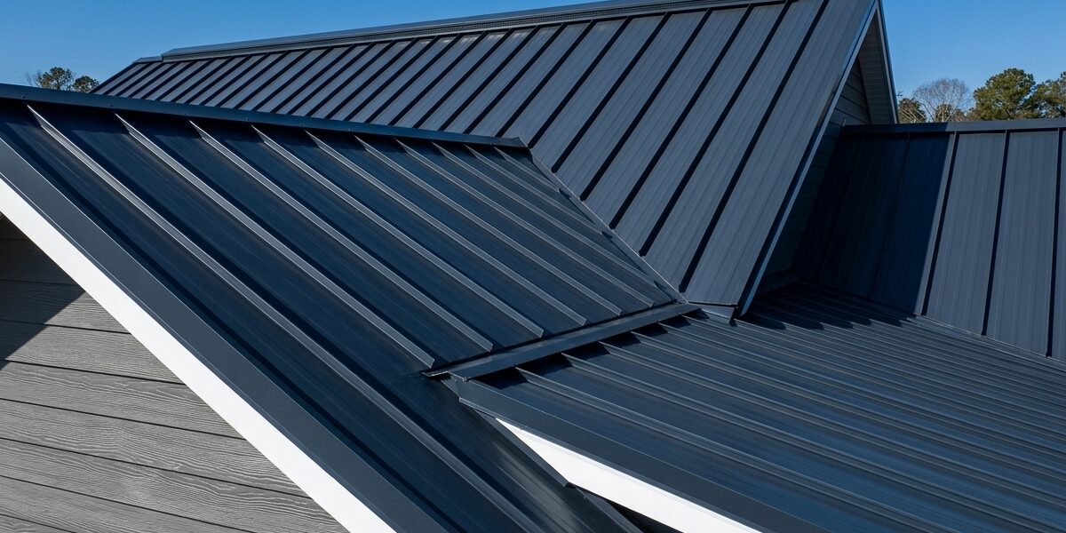 Dark blue metal roof panels intersect at sharp angles under a clear blue sky, showing modern architectural lines.