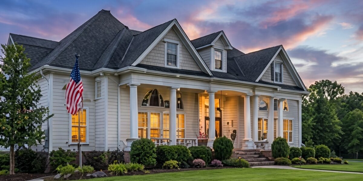 White two-story home with columns on a manicured lawn at sunset; American flag waving in front yard.