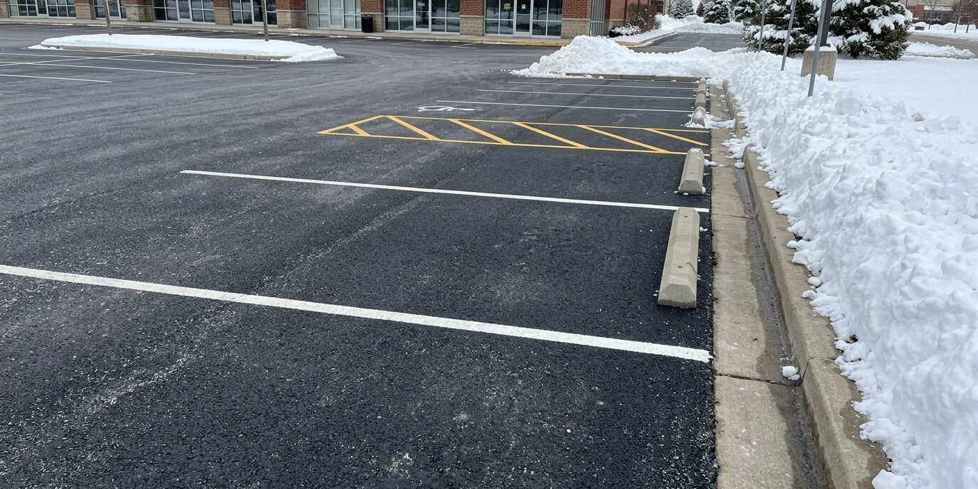 A clean and snow-free commercial parking lot during winter, showcasing professional snow plowing services by Liberty SoftWash in York PA.