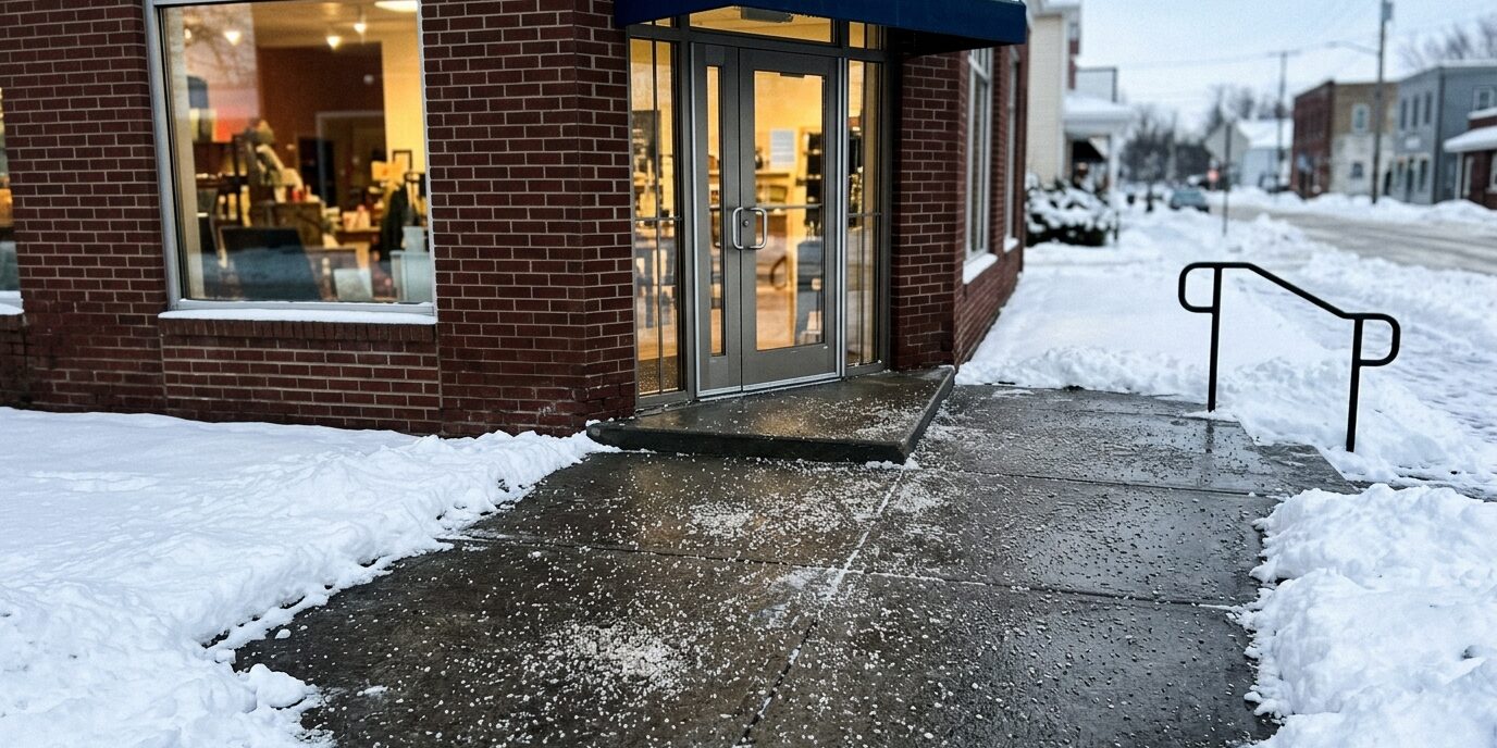 Safe, accessible, and snow-free retail storefront entrances and walkways cleared by Liberty SoftWash winter services.
