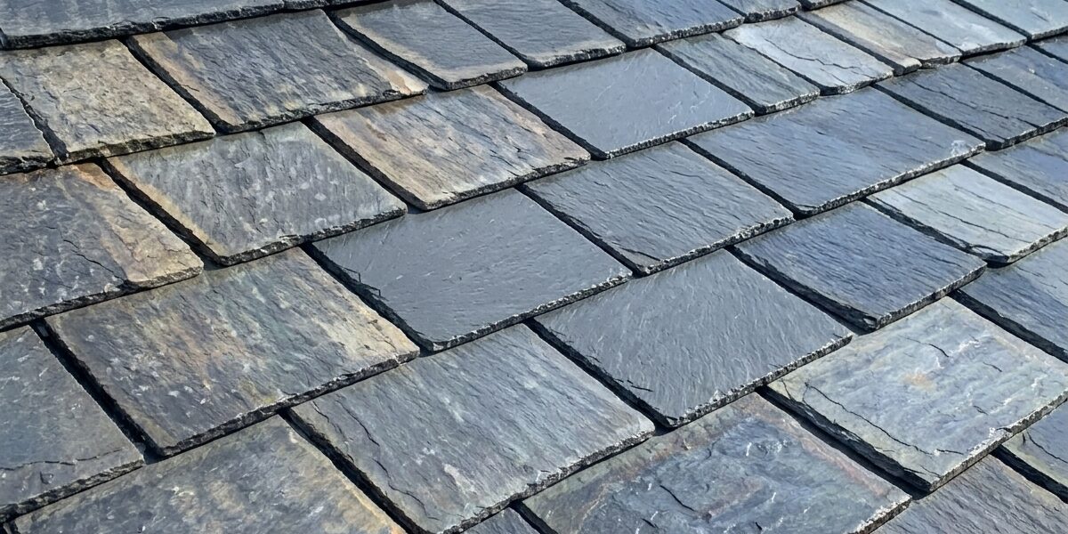 Slate roof shingles arranged in a textured, overlapping pattern across the surface.