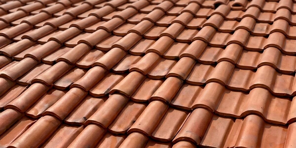 Curved terracotta roof tiles on a sloped rooftop, viewed from above.