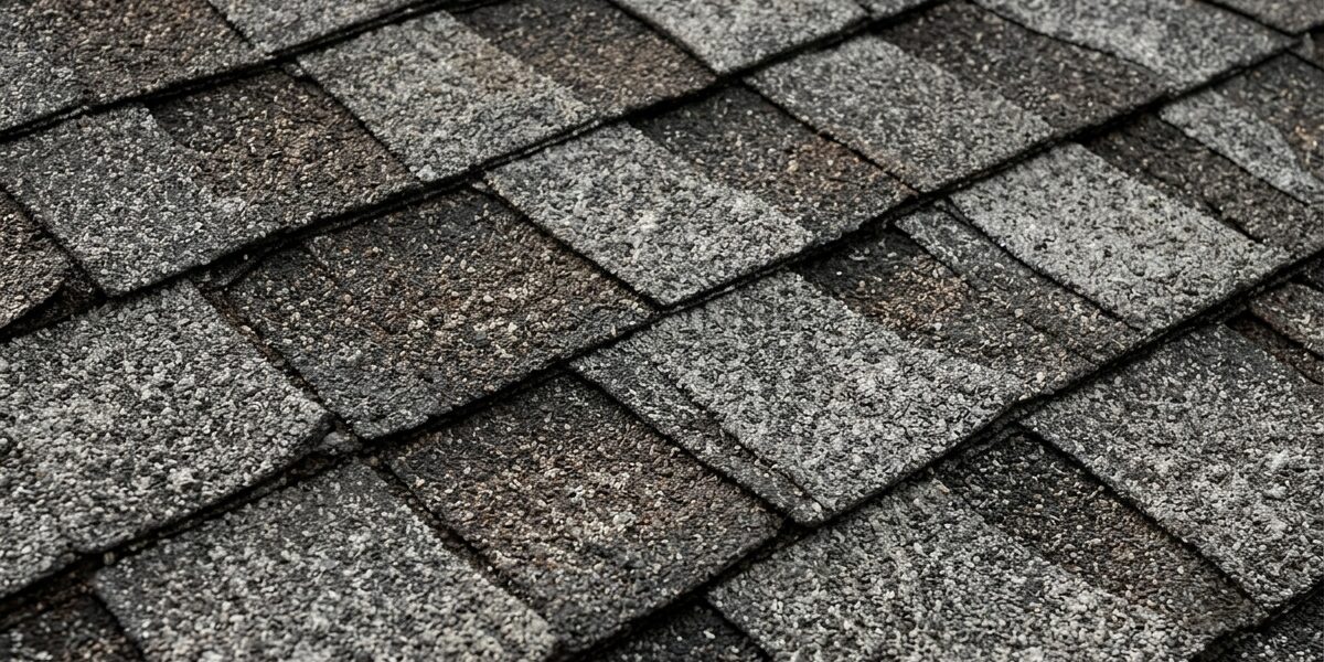 Close-up view of gray asphalt roof shingles arranged in overlapping rows on a pitched roof.