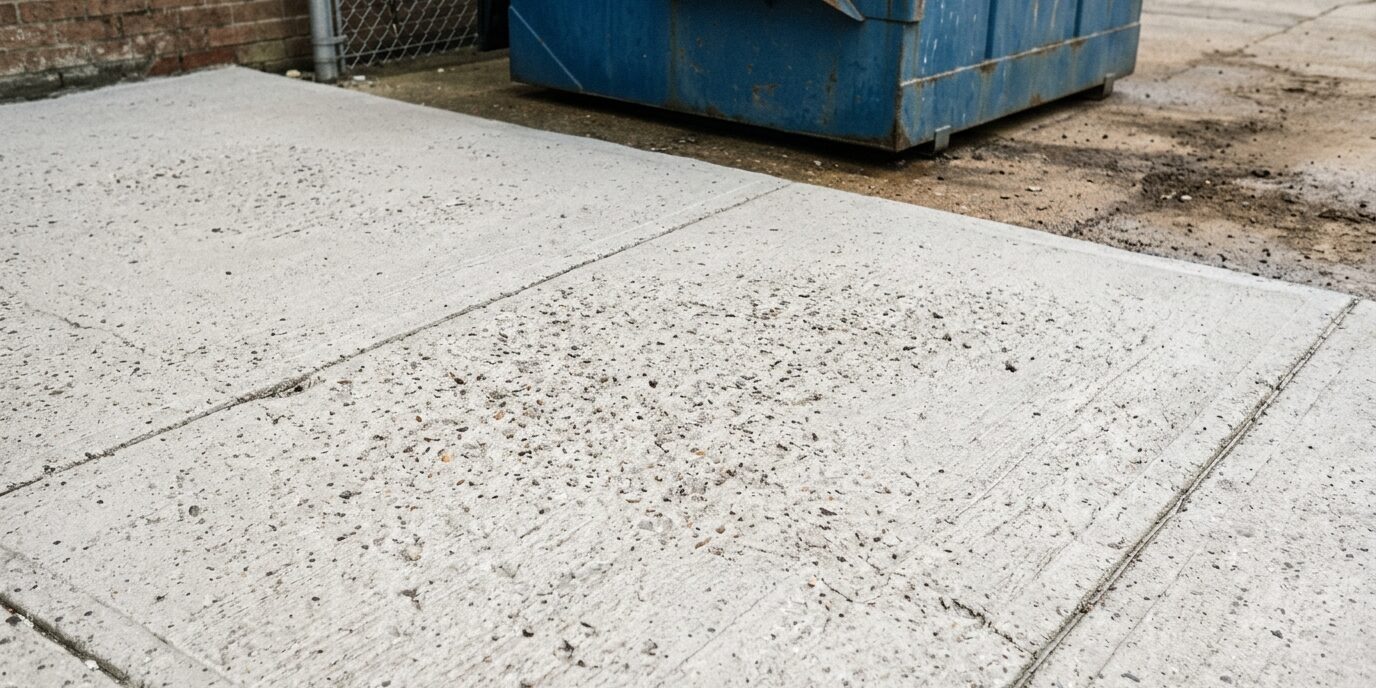 clean and grease-free commercial concrete dumpster pad area achieved with hot water pressure washing by Liberty SoftWash.