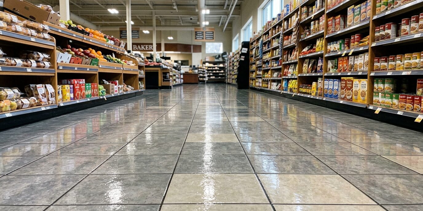 Gleaming grocery store aisle tile floors in Lancaster PA, showcasing professional commercial tile deep cleaning services by Liberty SoftWash.