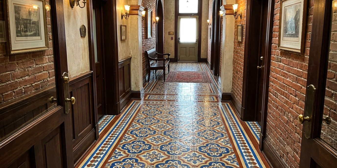 Fresh and inviting hotel lobby tile floors, demonstrating expert hospitality industry cleaning by Liberty SoftWash in Central PA.