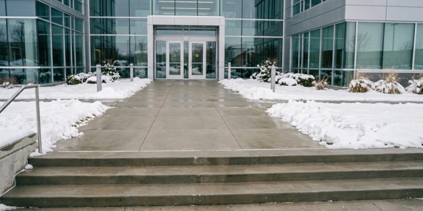 Clear and safe office building walkways and corporate entrances after commercial snow removal by Liberty SoftWash.