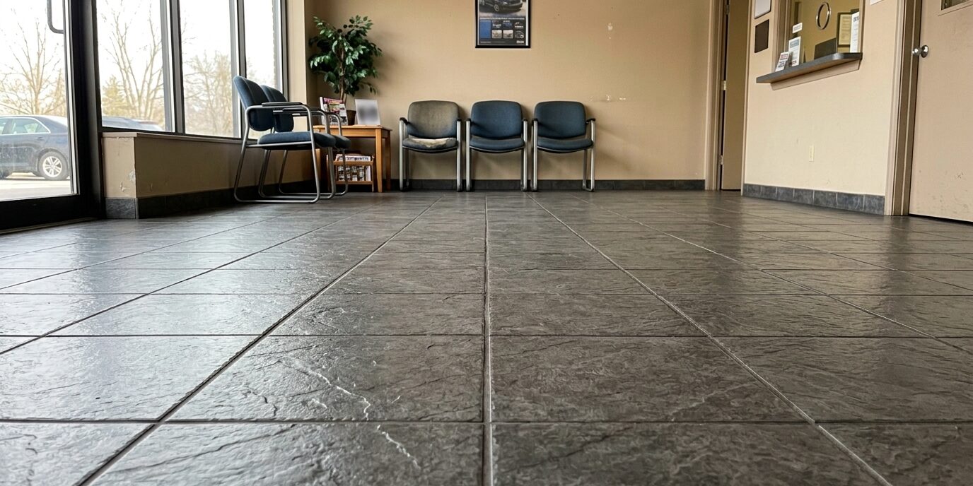 Beautifully restored waiting room tile floors for a commercial service establishment, cleaned by Liberty SoftWash.
