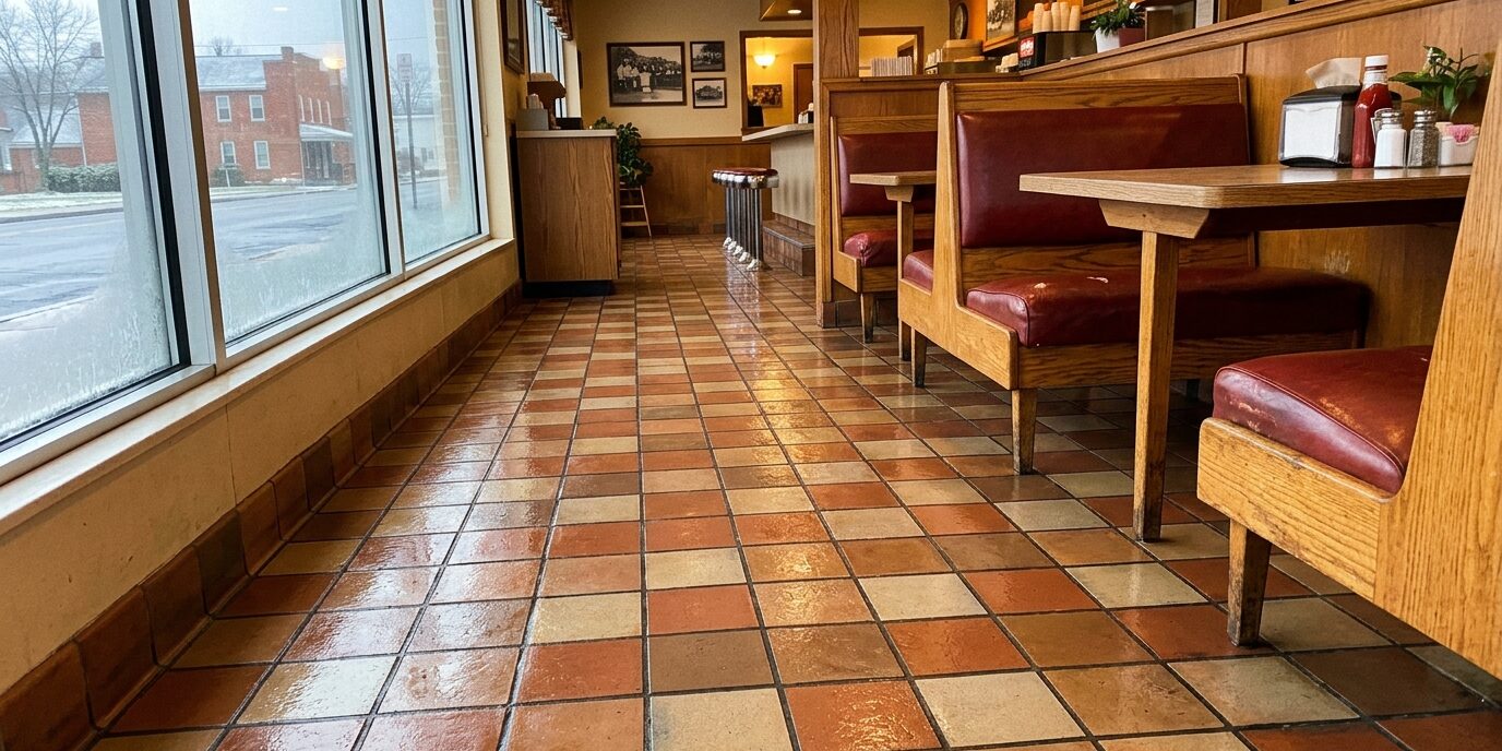 A spotless tile floor inside a local York PA restaurant, professionally deep cleaned by Liberty SoftWash to remove grease and grime.
