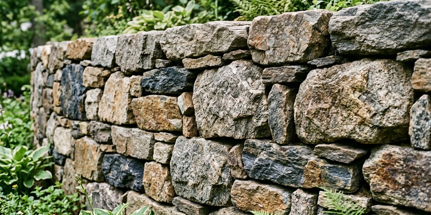 natural stone retaining wall cleaned and free of rust stains by Liberty SoftWash.