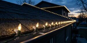 Decorative string lights run along the edge of a suburban house roof at dusk, glowing warmly against a darkening sky.
