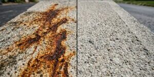 Two halves of a concrete edge split by a vertical seam: left side with orange rust stains, right side clean gray concrete.