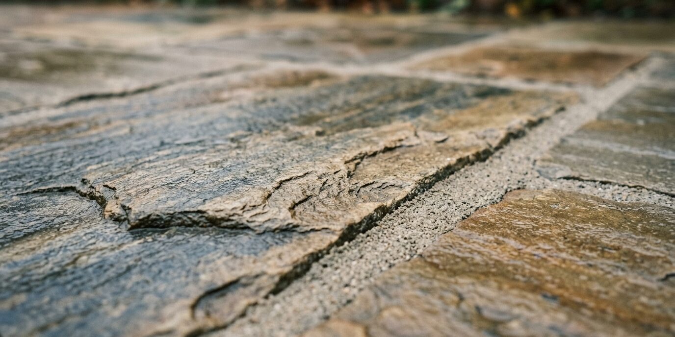 Natural stone backyard patio, completely free of moss and dirt, beautifully restored through high-pressure cleaning by Liberty SoftWash.